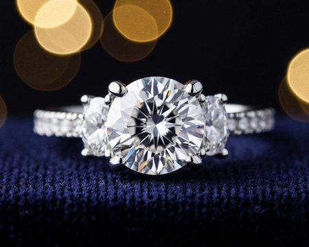 Jewelry diamond ring on a blue background with bokehの素材