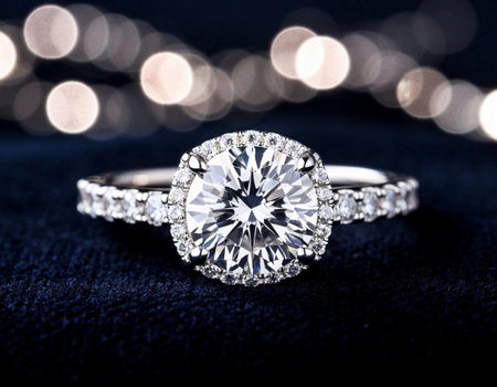 Jewelry diamond ring on a dark background with bokehの素材