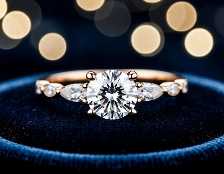 Jewelry ring with diamonds on blue velvet background with bokehの素材