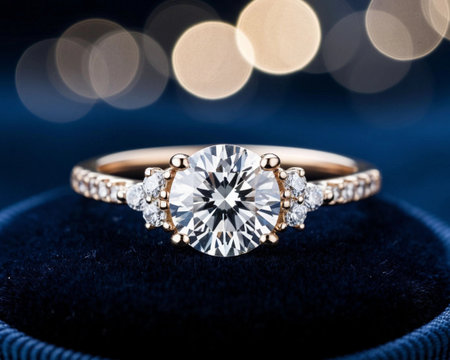 Wedding ring with diamonds on a blue velvet box with bokeh backgroundの素材