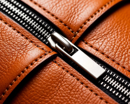 Zipper on brown leather background. Close up. Selective focus.の素材