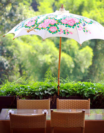 Asia umbrella in restaurantの写真素材
