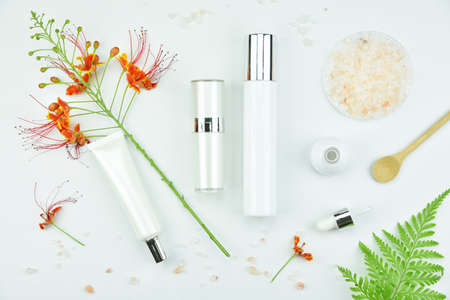 Cosmetic bottle containers with herbal leaves, Blank label package for branding mock-up, Natural organic beauty product concept.の写真素材