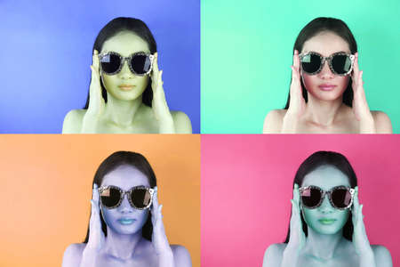 Picture of beautiful retro-styled woman in sunglasses on different background, Pop art portrait.の写真素材