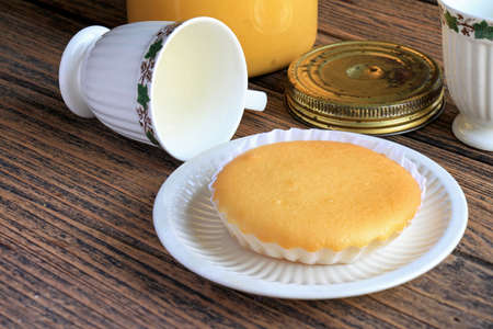 A soft homemade cake with english tea, Light breakfast in the morning, Indulgence moment. (selective...
