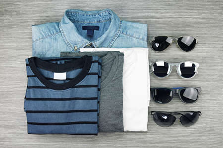 Men Fashion, Set of clothes and various accessories, Blue jeans shirt ,T-Shirts and stylish sunglasses. Set of Sunglasses. (Color Process)の写真素材