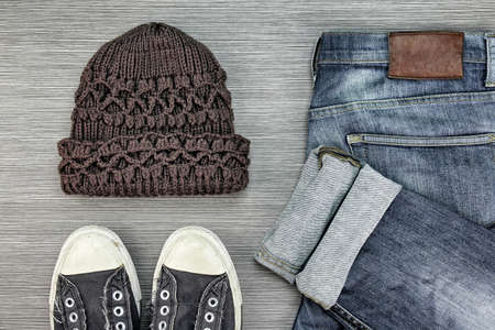 Men Fashion, Casual outfits, Trendy Hipster style outfits, Jeans, Sneaker Shoes and Beanie.の写真素材