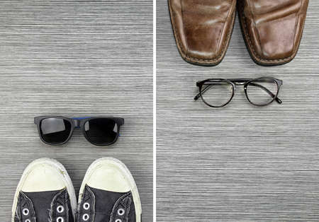 Different Style of men fashion, Compare of formal and casual men fashion style, Sneakers, Leather Shoes, Sunglasses, Nerd Glasses. (Color Process)の写真素材