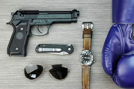 Men hobbies and collectibles, Boxing gloves, Watch, Gun, Sunglasses, Combat Knife.の写真素材