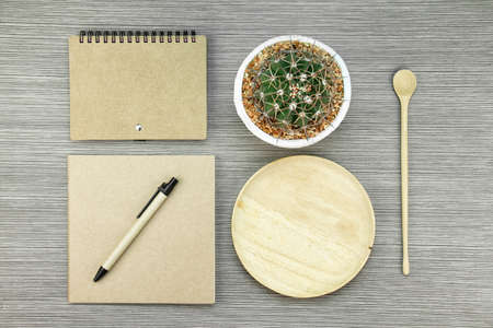 Eco-friendly concept. Green ecology environment office. Brown paper stationeries and cactus. Good plant for improving office air environment.の写真素材
