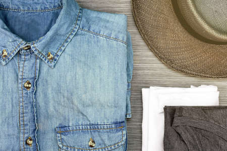 Men Fashion, Smart and casual outfits, Blue jeans Shirt, t-shirt and gentlemen hat. (Lighting Effect Processed)の写真素材