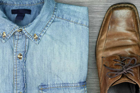Men Fashion, Smart and casual outfits, Blue jeans Shirt, Leather Shoes. (Color Process)の写真素材