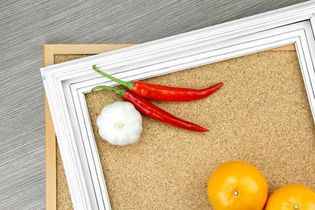 Vegetables, fruits and herbs, Healthy eating concept. Orange, Garlic, Chilli.の写真素材