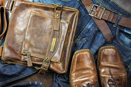 Men fashion and accessories. Brown leather shoes, leather bag, Men belt.の写真素材