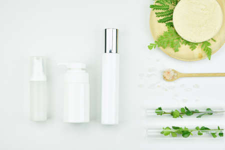 Cosmetic bottle containers with green herbal leaves, Blank label package for branding mock-up, Natural organic beauty product concept.の写真素材