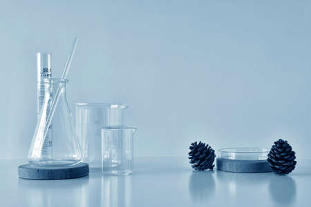 Group of laboratory glassware with natural ingredient for beauty products.の写真素材