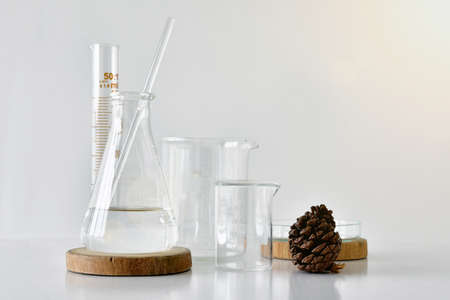 Group of laboratory glassware with natural ingredient for beauty products.の写真素材