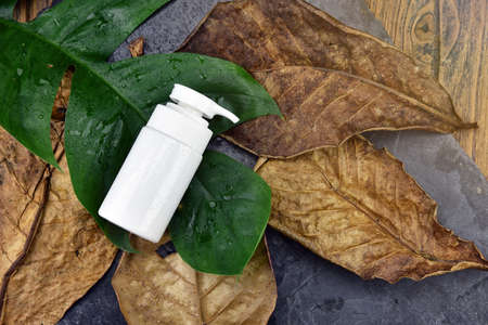 Moisturizer skin care for damage dry skin, Cosmetic bottle containers, Blank label package for branding mock-up, Natural organic beauty product concept.の写真素材