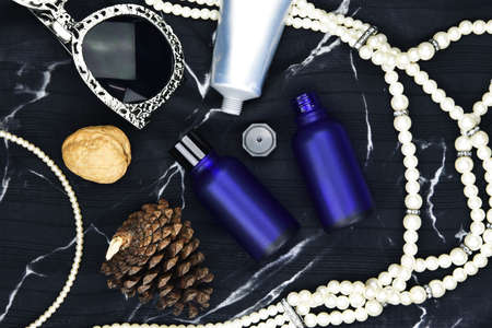 Cosmetic bottle containers with luxury women accessories, Blank label for branding mock-up.の写真素材