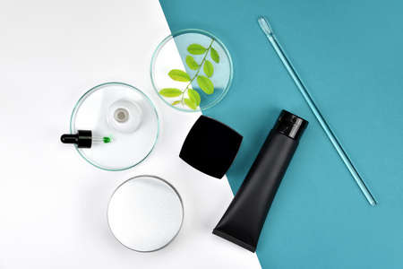 Cosmetic bottle containers with green herbal leaves, Blank label for branding mock-up, Natural beauty product concept, Flat lay on color background.の写真素材