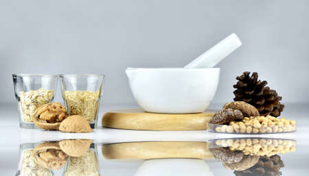 Good food as great medicine, Food plant protein alternative, Whole grains food, oat barn, rice, nuts, mushroom and soybeans, Healthy food nutrition concept.の写真素材