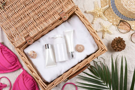 Summer facial skincare protection, Sun protection with Blank label cosmetics bottle container for branding mock-up.の写真素材