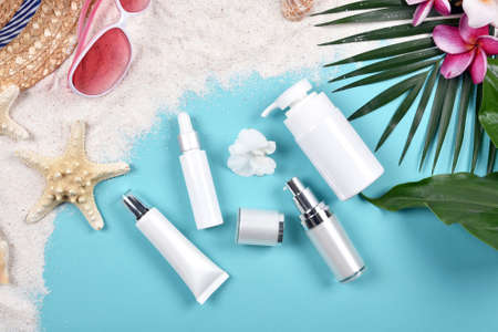 Summer facial skincare protection, Sun protection with Blank label cosmetics bottle container for...