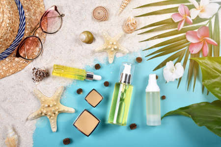 Summer facial skincare protection, Sun protection with Blank label cosmetics bottle container for...