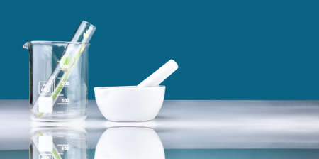 Natural organic medicine and healthcare, Alternative plant medicine, Mortar and herbal extraction in laboratory glassware.の写真素材