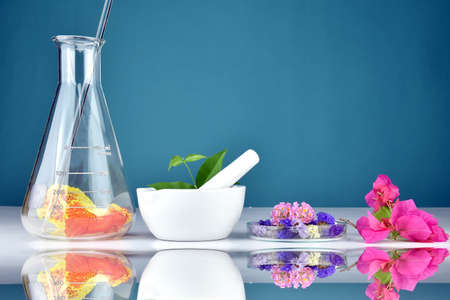 Natural herbal organic drug research and lab glassware, Chemist and plant extract substances in mortar, Natural medicine discovery at science lab.の写真素材