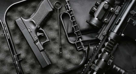 Weapons and military equipment for army, Assault rifle gun (M4A1) and handgun 9mm on black...
