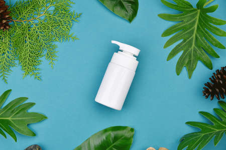 Cosmetic skin care bottle containers with green herbal leaves, Blank label package for branding mock-up, Natural organic beauty product concept.の写真素材