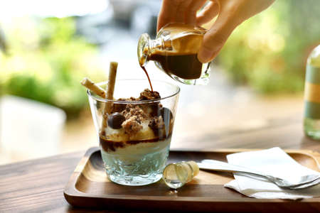Coffee and dessert, Pouring coffee drink in sweet ice-cream affogato, Tiramisu italian coffee cake...