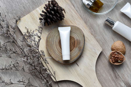 Cosmetic bottle containers packaging with winter seasonal theme, Blank label for organic branding...