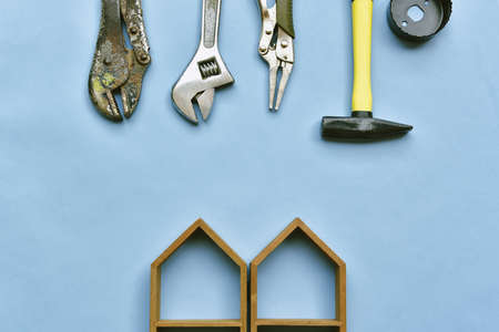 Home improvement and renovation concept, Construction tool, DIY instrument on pastel color background.の写真素材
