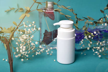 Cosmetic bottle containers packaging with product display presentation, Blank label for organic branding mock-up, Natural skincare beauty product concept.の写真素材