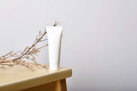 Cosmetic bottle containers packaging with leaves and copyspace, Blank label for organic branding mock-up, Natural skincare beauty product concept, Minimal style.の写真素材