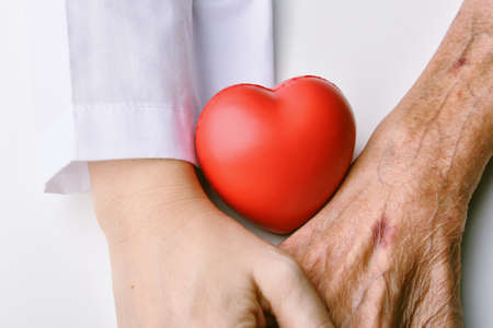 Elderly care concept, Young doctor holding senior patient hand to help and support with red heart,...
