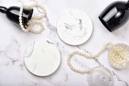 Product display flat lay for mock up presentation, Marble background with luxury lifestyle use for skincare or cosmetics, Prop stand show sale products.の写真素材