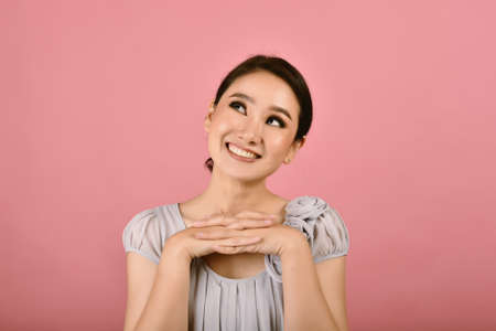 Daydreaming, Asian woman having big smile, Happy girl joy with her pleasure thought about future,...