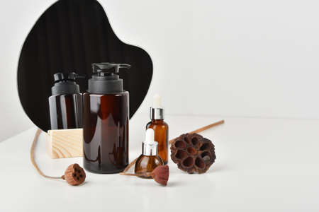 Cosmetic bottle containers with mirror reflection, Blank label package for branding mock-up, Natural...