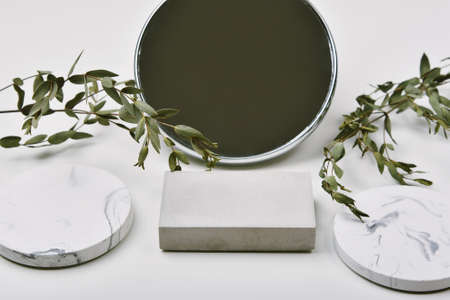 Product display with mirror reflection for mock up presentation, White marble use for skincare or...