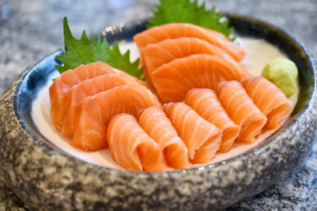 Salmon sashimi, Healthy raw diet food, Favorite Japanese traditional style food.の写真素材