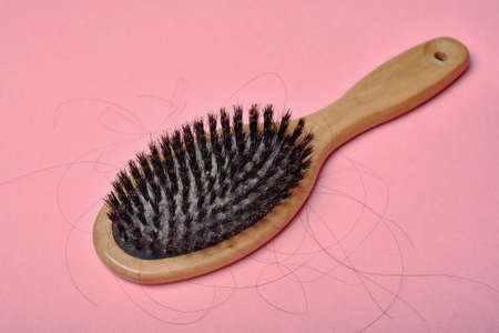 Dirty hair brush, Grey lint dead skin cell residue on unclean comb, Poor hygiene head scalp, Hair fall problem.の写真素材
