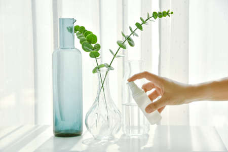 Hand holding cosmetic bottle containers, Packaging with shadow and light effect, Blank label for organic branding mock-up, Natural skincare beauty product concept.の写真素材