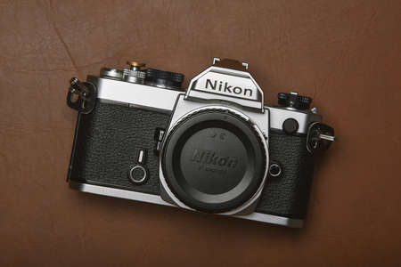 BANGKOK, THAILAND - May 19, 2021 : Nikon FM Model, Vintage Nikon film 35mm SLR camera.