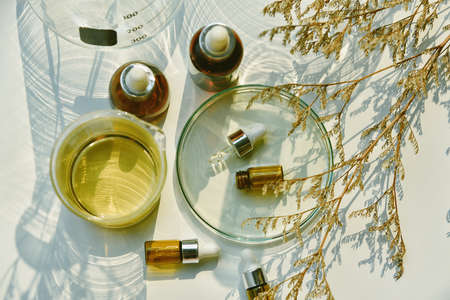 Natural skin care beauty products, Natural organic botany extraction and scientific laboratory glassware, Blank label cosmetic container for branding mock-up.の写真素材