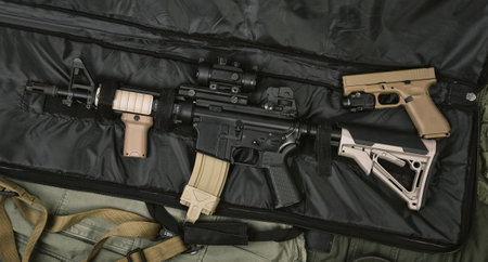 Weapons and military equipment for army, Assault rifle gun (M4A1) and handgun 9mm on rifle case.