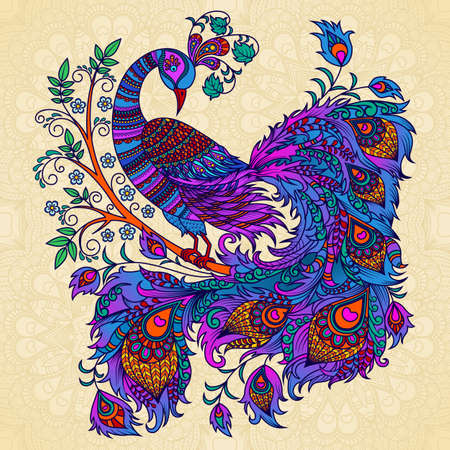 Vector illustration. Decorative firebird on a beige background. A bright fairy bird, a mythical creature phoenix on a flowering branch.のイラスト素材