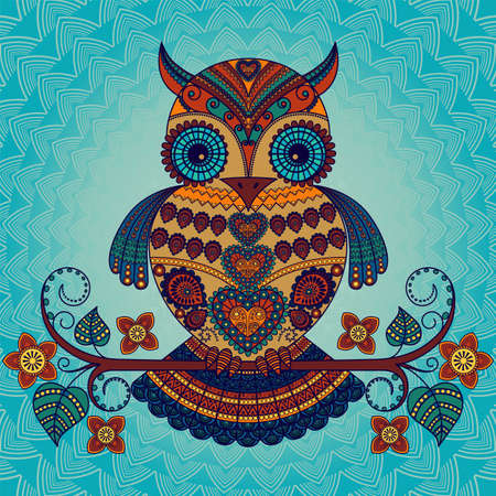 Vector illustration of an owl sitting on a branch with flowers. Bright decorative owl in the ethnic style on a blue background.のイラスト素材